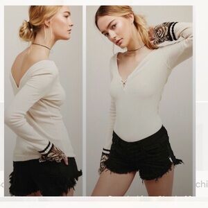 Free People Last Dance Waffle Thermal Long Sleeve Decorative Cuff V-Neck Top M
